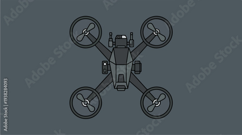 Modern Military Drone Quadcopter Flying Overhead View.
