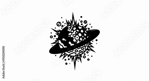 Abstract planet with rings, spiky aura, and scattered dots in black and white