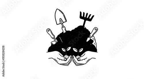 Two hands cradle tiny seedlings growing from soil, with gardening tools embedded in dirt pile