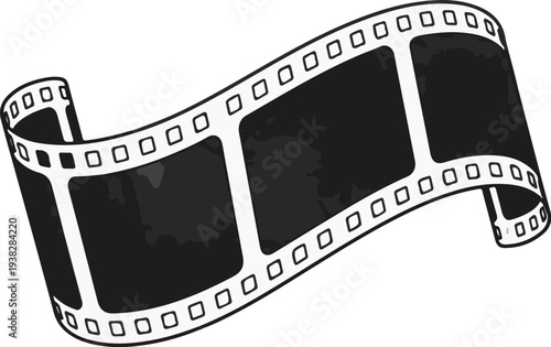 Wavy black film strip with perforations rolling up