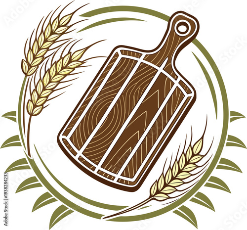 A stylized, symmetrical logo featuring a wooden cutting board at the center, resting atop a circular wooden base. The cutting board is rectangular with a handle, depicted in shades of brown with visib