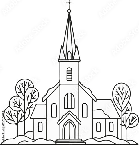 A simplified line drawing of a church with a tall steeple and surrounding trees