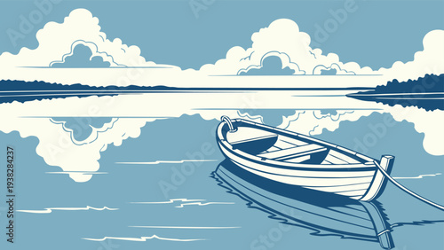 Flat vector illustration of a wooden boat on a calm blue lake with cloud reflections