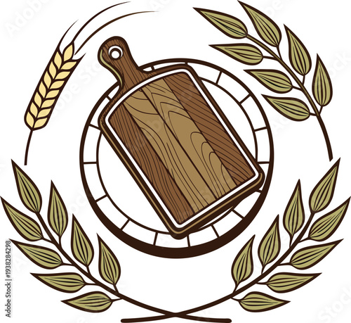 A stylized, symmetrical logo featuring a wooden cutting board at the center, resting atop a circular wooden base. The cutting board is rectangular with a handle, depicted in shades of brown with visib