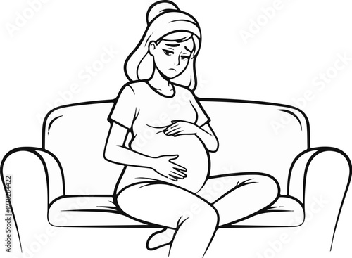 Sad pregnant woman sitting on sofa, holding her belly