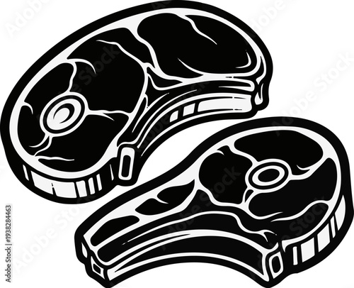 Stylized black and white illustration of two raw meat steaks