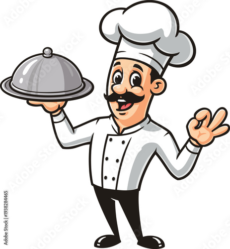 Cartoon mascot of a mustachioed chef carrying a serving tray