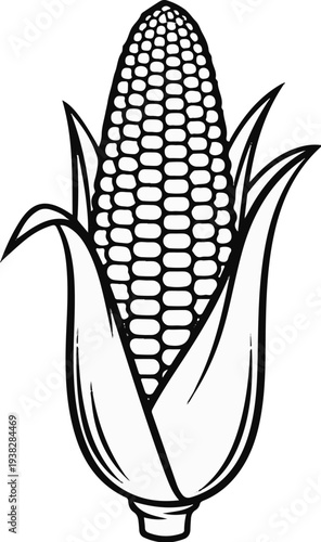 Stylized black and white drawing of a ripe ear of corn with husks