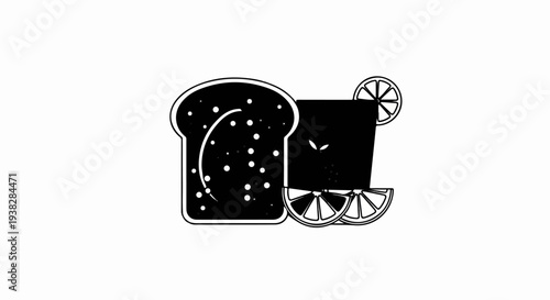 A slice of bread with a drink garnished by citrus fruits