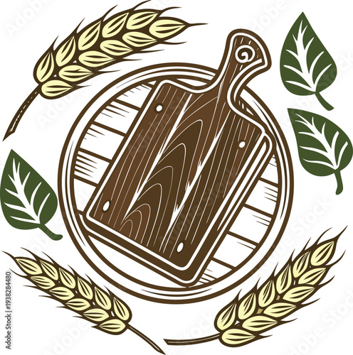 A stylized, symmetrical logo featuring a wooden cutting board at the center, resting atop a circular wooden base. The cutting board is rectangular with a handle, depicted in shades of brown with visib