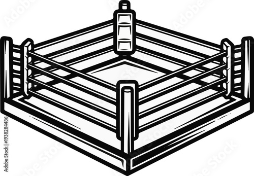 A stark black and white illustration of an empty boxing ring, ready for combat