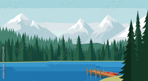 Serene mountain lake landscape vector illustration with snowy peaks, evergreen trees, a wooden pier, and a small boat; ideal for travel, nature, and recreation themes.