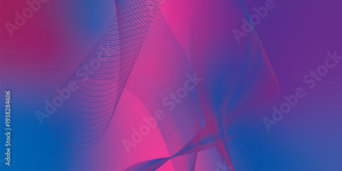 Flowing navy blue and magenta glowing light waves twisting through a dark cosmic background filled with tiny shimmering particles, futuristic digital technology concept, vector illustration