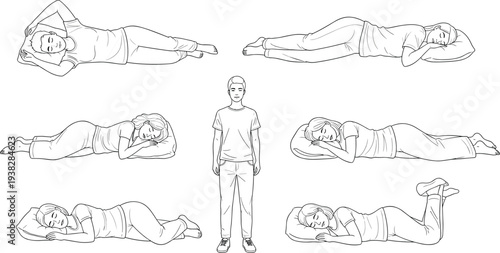 Black and white vector illustrations of diverse sleeping positions with central standing figure reference, showcasing body postures for ergonomics, health, lifestyle, and sleep studies projects