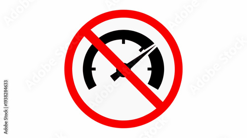 Speed limit sign with red prohibition symbol over a black speedometer indicating restriction on speed