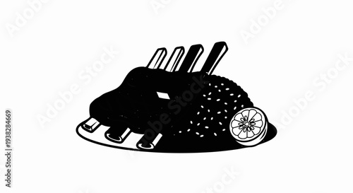 A black and white illustration of a rack of ribs served with a side of rice and a lemon slice