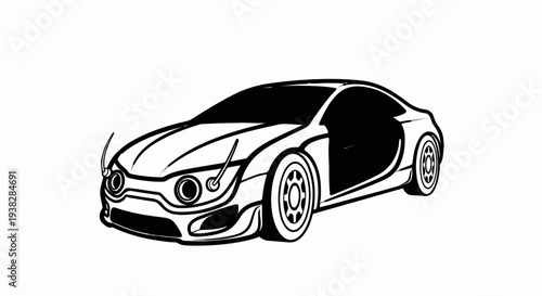A black and white sketch of a sleek, modern coupe