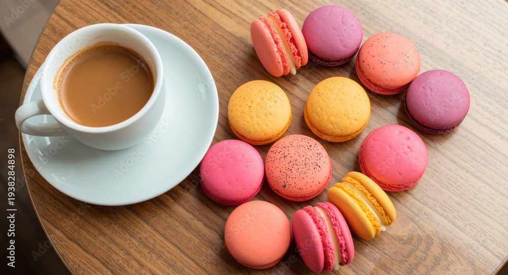 Obraz premium Brightly colored macarons spread elegantly alongside a hot coffee cup on a cafe table