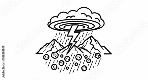 A storm with lightning striking mountains and objects falling like dice