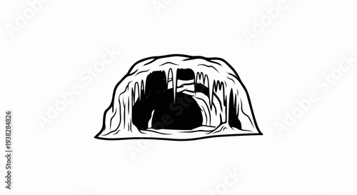 Stylized black and white illustration of a cave entrance with icicle-like formations