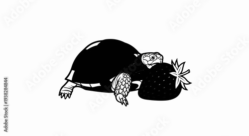 A black and white illustration of a turtle reaching for a strawberry