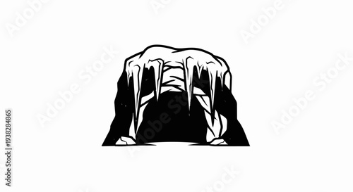 A dark cave entrance with icicles hanging above