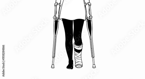 A person stands with two crutches and one leg in a cast