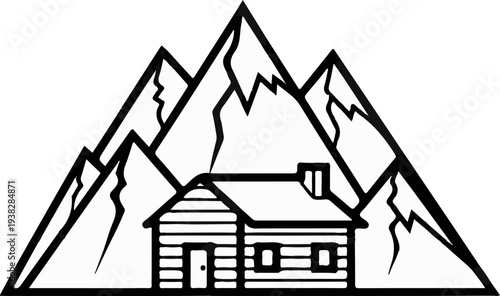 Stylized black and white graphic of a log cabin nestled within mountain peaks