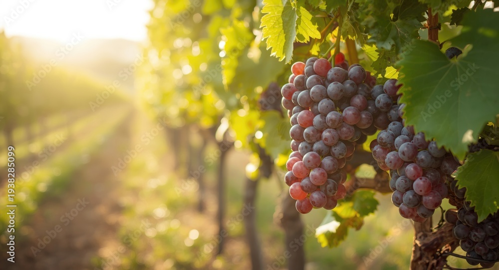 Naklejka premium Detailed view of vineyard grapes bathed in warm sunlight