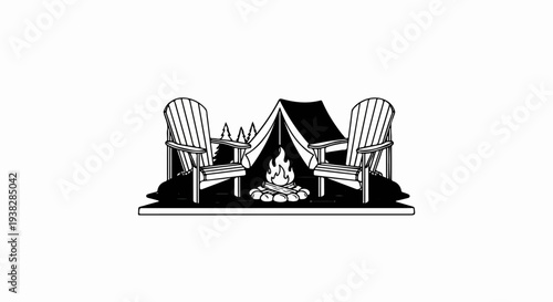 Two Adirondack chairs face a campfire and tent, with trees behind