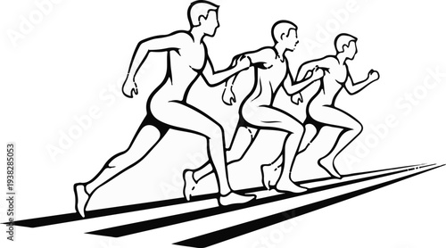 Three stylized figures in mid-stride on a track, indicating athletic competition