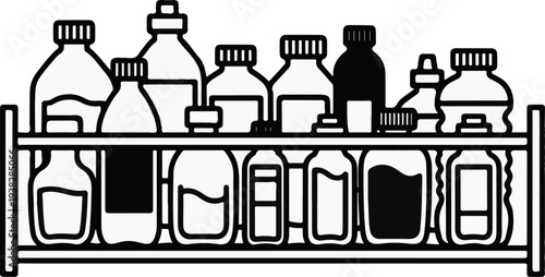 Various laboratory bottles and containers are neatly arranged on shelves