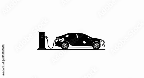 A black silhouette of an electric car is charging at a station