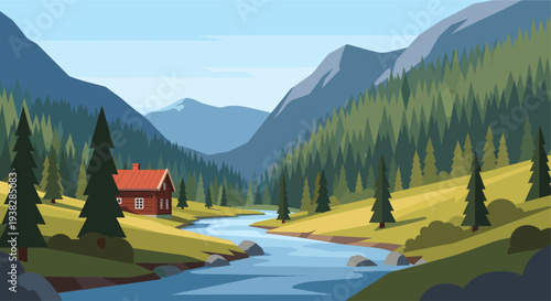 A serene vector illustration showcases a red cabin nestled beside a flowing river, surrounded by lush green forests and towering mountains against a light blue sky.