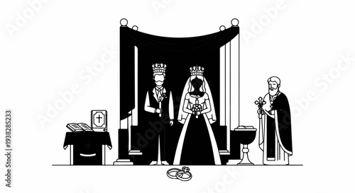 A couple, crowned, stands at an altar with a clergyman and religious items