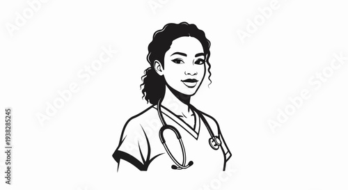 A line art portrait of a smiling healthcare professional with curly hair and a stethoscope