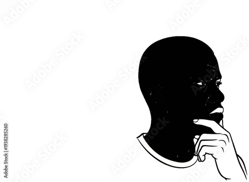 A man ponders with his chin resting on his hand in a stylized outline