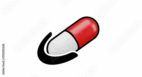 A red and white capsule enclosed in a curved black shape