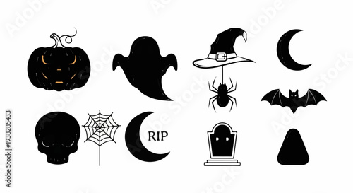 Assortment of black Halloween icons pumpkin, ghost, witch hat with spider, bat, crescent moons, skull, spiderweb, gravestone, triangle