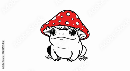 Adorable amphibian wears a red spotted mushroom cap as a hat