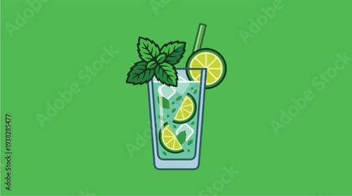 Refreshing Mojito Cocktail with Mint and Lime Slices.