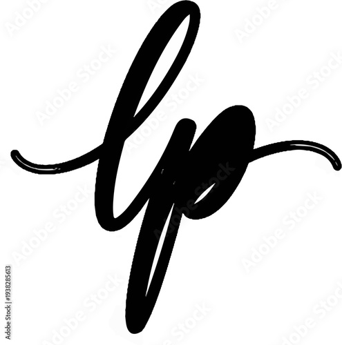Elegant black cursive script "lp" with subtle glossy highlights