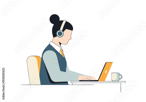 Person wearing headphones and working on a laptop at a desk with a coffee mug beside them