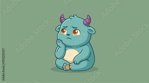 Sad Blue Monster Sitting and Thinking.