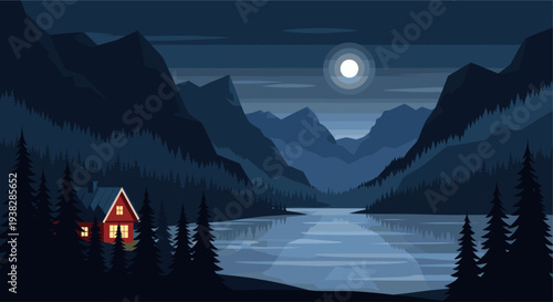 A cozy red cabin glows under a bright moon near a tranquil lake, surrounded by majestic, forested mountains, creating a serene and picturesque landscape in the dark of night.