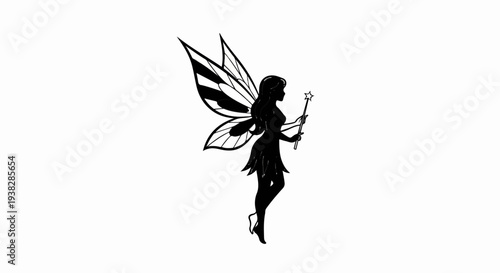 Silhouette of a fairy with star wand and patterned wings