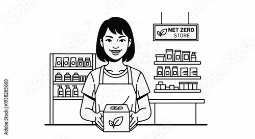 Friendly shopkeeper holds eco-friendly package in a zero-waste store