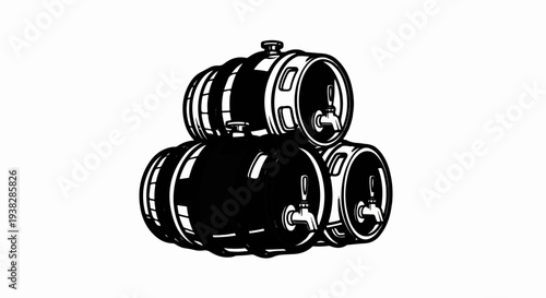 Stacked wooden barrels with spigots, stylized ink drawing