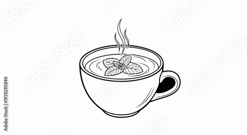 Steaming cup of herbal tea with mint leaves floating on top