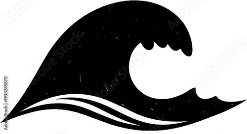Stylized black wave cresting and curling with stylized water lines below